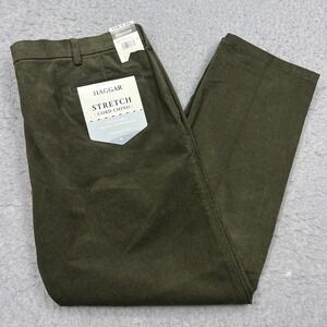 NEW Haggar Pants Mens 42x30 Green Straight Corduroy Solid Stretch Cord Chinos